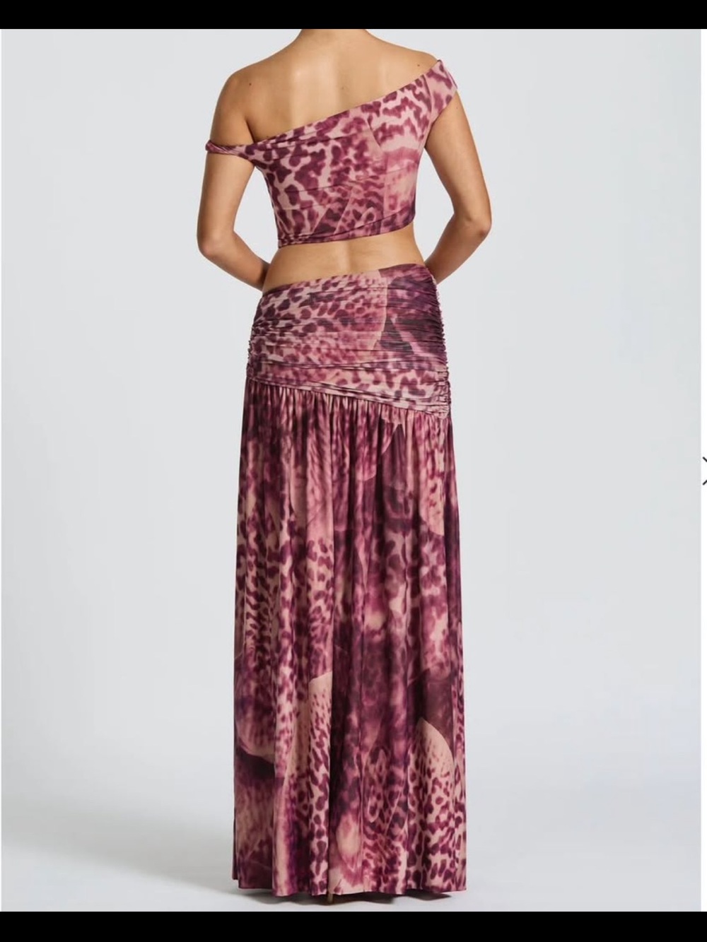 Off-Shoulder Pink Animal-Print Maxi Skirt Set with Gold Accent - Picture 2 of 3